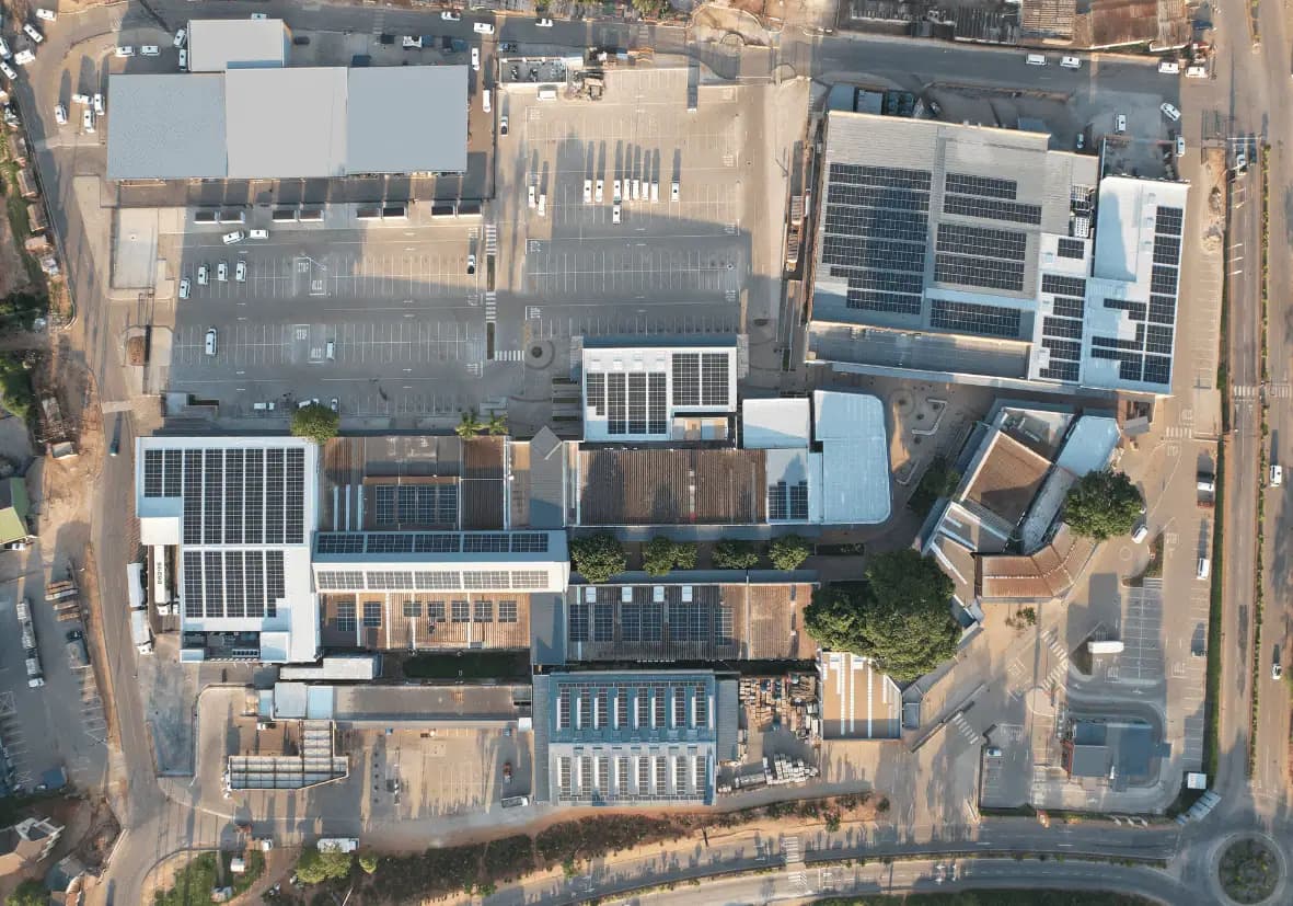 Aerial top-down view of Bushbuckridge Mall with SolarXgen rooftop solar panels